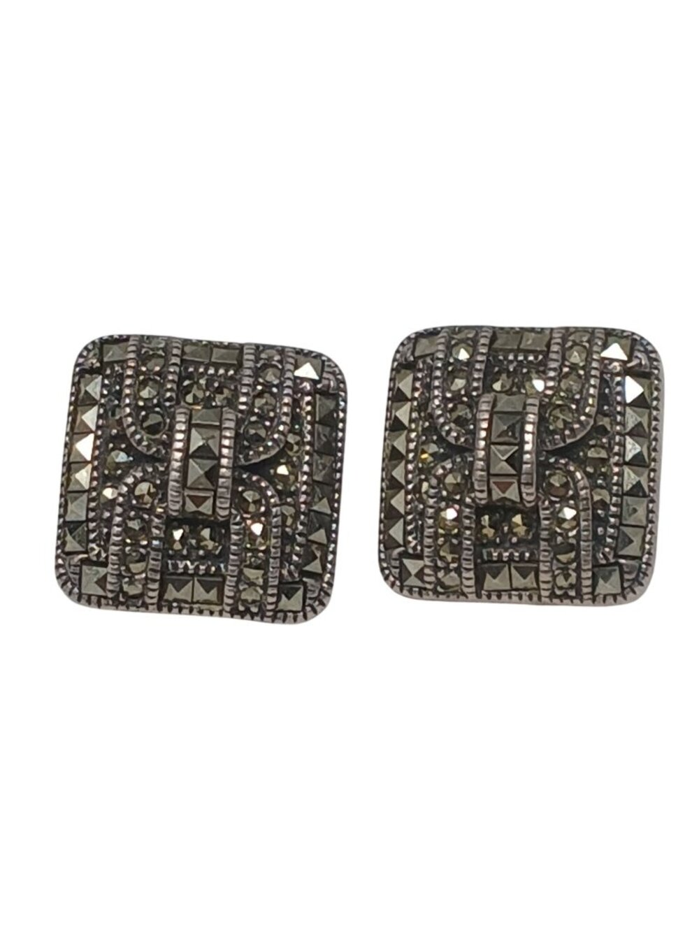 Judith Jack Sterling Silver Marcasite Square ClipOn Earrings VTG Art Deco #G-1